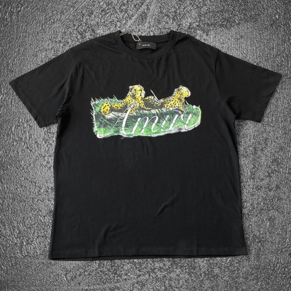 AMIRI Black Tee with Cheetah Graphic